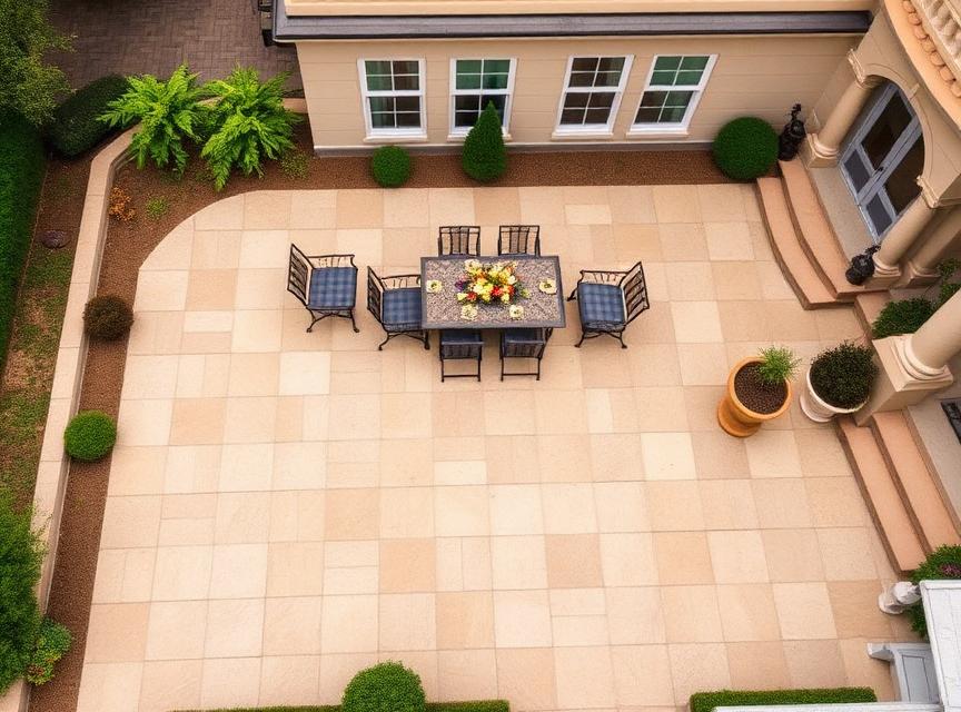 French pattern paving patio with outdoor dining furniture
