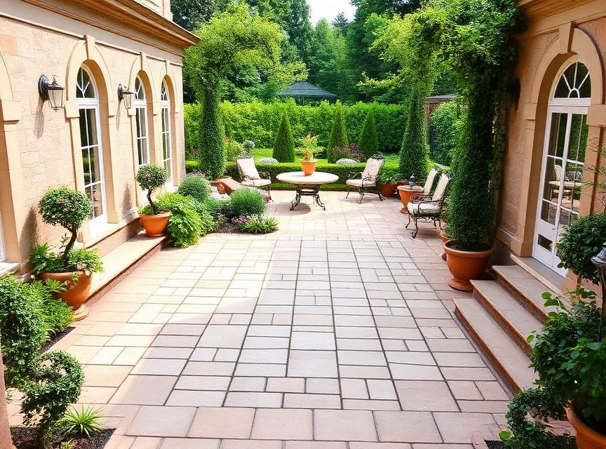 Garden terrace with French pattern paving stones