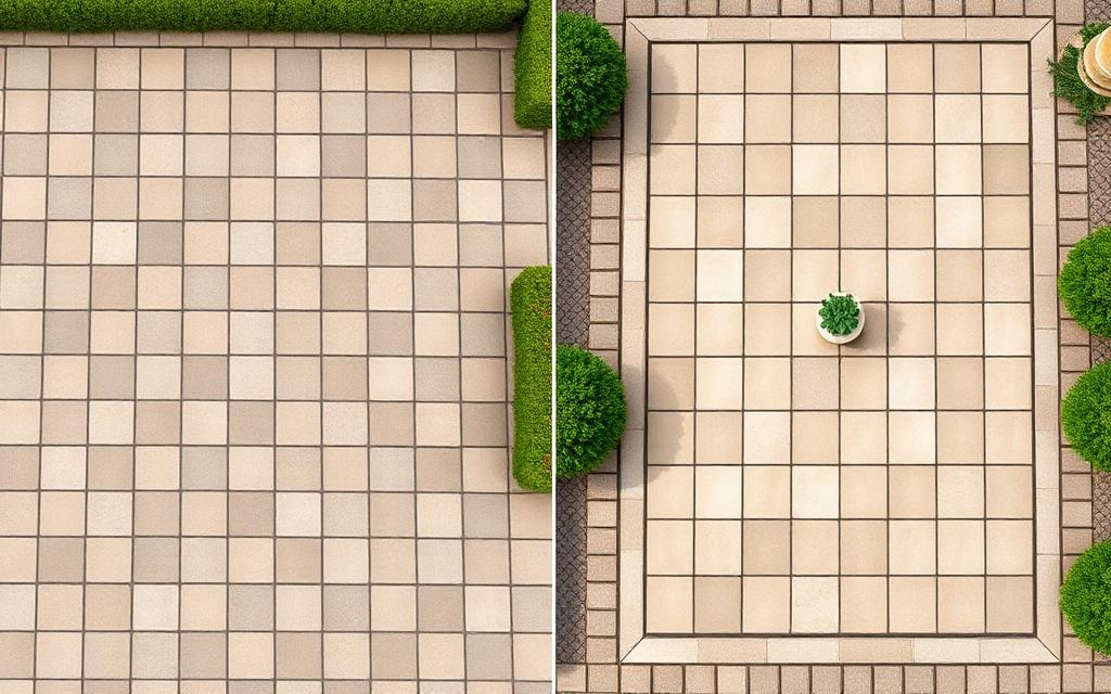 Side by side comparison of standard grid pattern versus French Versailles pattern paving layout