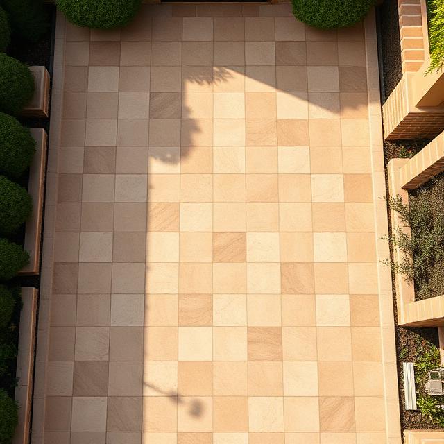 Top-down French pattern travertine paving in warm tones