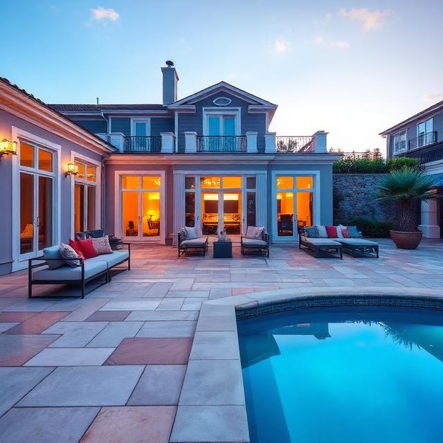 Luxury poolside French pattern paving at sunset