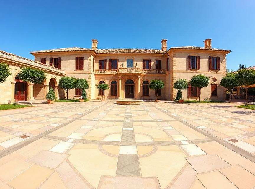 Mediterranean villa with expansive French pattern courtyard