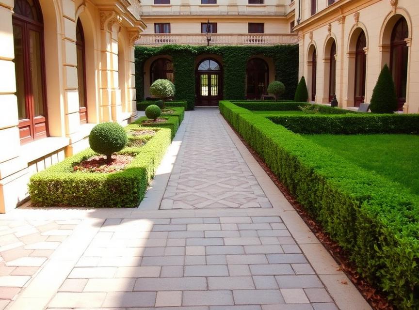 Garden walkway with French pattern paving bordered by hedges