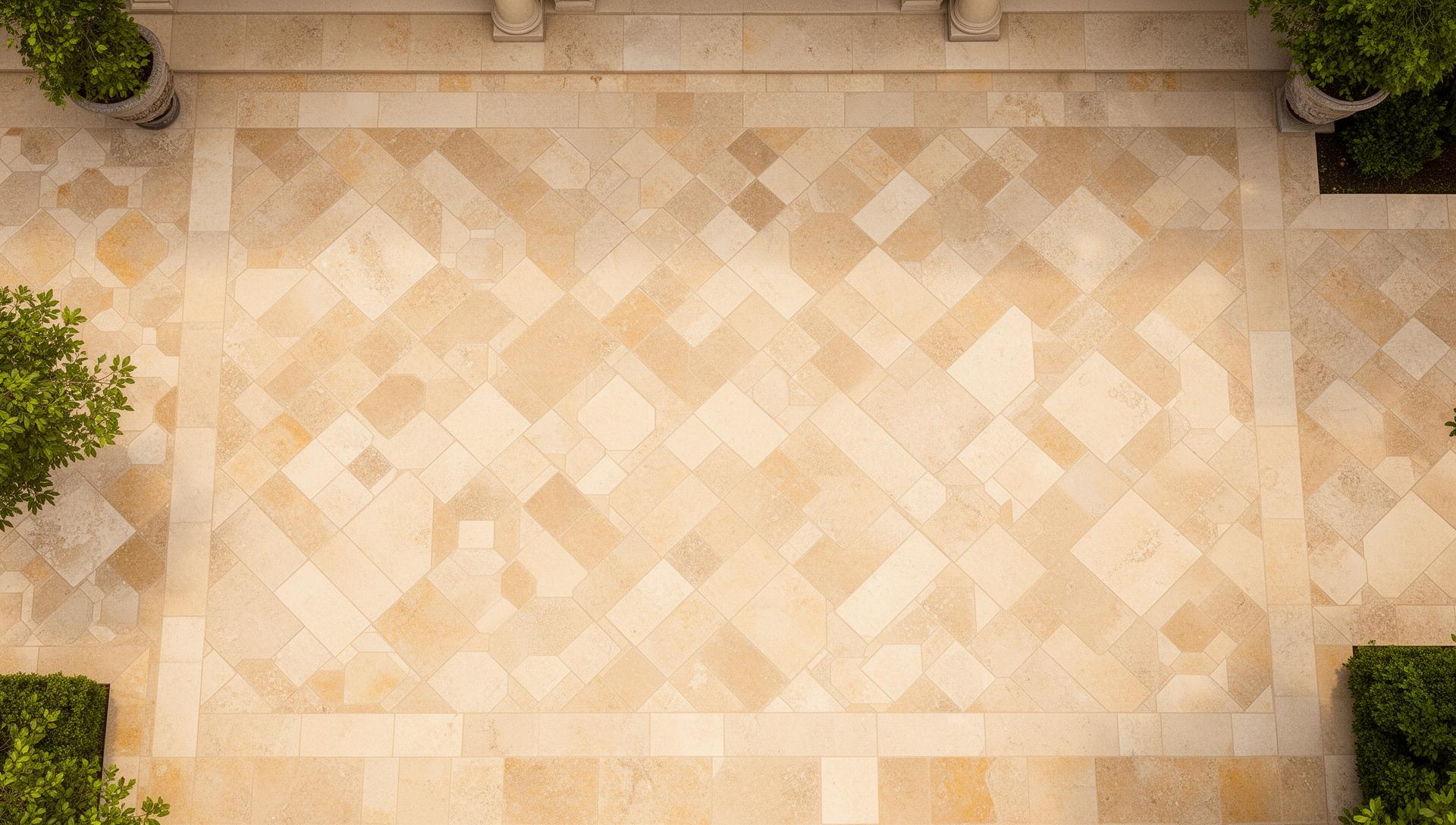 French pattern paving layout in natural limestone, top-down aerial view showing Versailles modular stone arrangement